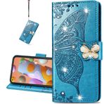 COTDINFOR Samsung Galaxy A05S için Kılıf Deri Cüzdan Darbeye Dayanıklı Kapaklı Cüzdan Kapaklı Kredi Kartı Tutucu Cep Telefonu Kılıfı Galaxy A05S Elmas Kelebek Mavi SD için