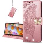 COTDINFOR Samsung Galaxy A25 için Kılıf Darbeye Dayanıklı Deri Kılıf [Kart Yuvaları] Galaxy A25 Elmas Kelebek Gül Altın SD için Kickstand Telefon Kılıfı