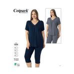 Cotpark Kadın Büyük Beden Viskon Likralı Kumaş Kısa Kollu Alt-Üst Kapri Takım / Lacivert - 14524