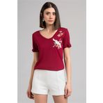 Cotton Mood 7130562 Bordo Leylek Nakışlı V Yaka Boyfriend Kısa Kol Kadın Bluz