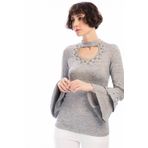 Cotton Mood 8490960 Gri Yumoş Yakası Kolu İncili Volanlı Bluz