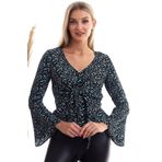 Cotton Mood Dok.viskon Desenli Önü Bağlamalı Volanlı Bluz Sıyah Turkuaz 20333372