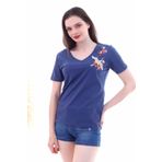 Cotton Mood Leylek Nakışlı V Yaka Boyfriend Kısa Kol Bluz Indıgo 7130562