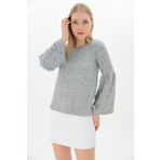Cotton Mood Yumoş Kolu Geniş Volanlı Incili Bluz Grı