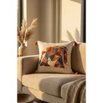 cottoncloth Bohem Etnik Fil Desenli Punch Nakışlı Püsküllü Dekoratif Kırlent Kılıfı 42x42 cm Pamuk Panama Keten