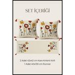 cottoncloth Gelincik Punch Nakışlı Çiçek Desenli Kırlent Runner Seti 2 Kare Kırlent 1 Runner Boho Dekoratif Salon Seti