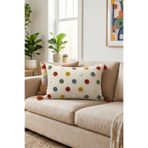 cottoncloth Renkli Puantiyeli Punch Nakışlı Püsküllü Dekoratif Kırlent Kılıfı 35x55 cm Pamuk Panama Keten