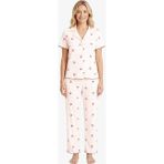 Cottonhill Krem Kiraz Desenli Pointel Gömlek Yaka Kadın Pijama Takımı