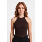 Cottonhill Premium - Tide Collection |Kahverengi Halter Yaka Boyundan Bağlamalı Bürümcük Dokulu Kadın Crop Bluz