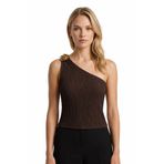 Cottonhill Premium - Tide Collection | Kahverengi Tek Omuz Çiçek Aksesuarlı Bürümcük Dokulu Kadın Crop Bluz