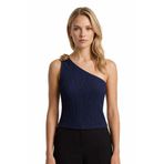 Cottonhill Premium - Tide Collection | Lacivert Tek Omuz Çiçek Aksesuarlı Bürümcük Dokulu Kadın Crop Bluz