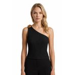 Cottonhill Premium - Tide Collection | Siyah Tek Omuz Çiçek Aksesuarlı Bürümcük Dokulu Kadın Crop Bluz
