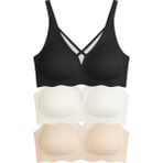 Cottonhill Seamless Bra - Liny | Lazer Kesim Dikişsiz Çizgi Desenli Dekolteli Kadın Sütyen 3'lü Paket - 80B - Siyah - Ten