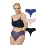 Cottonhill Underwear Dantelli Tül Detaylı Büyük Beden Brezilya 3'Lü Paket Külot - 4,Renkli-4 M