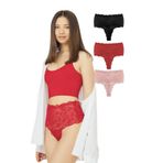 Cottonhill Underwear Kadın Yüksek Bel Tanga Külot Dantelli Lastik Detaylı Günlük Kullanıma Uygun 3'lü Paket Siyah Pudra Kırmızı CH 6019