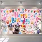 Couryxqq Kedi Doğum Günü Süslemeleri, 6 * 3ft Mutlu Yıllar Afişi, Yeniden Kullanılabilir Mutlu Yıllar Zemin, Pembe Doğum Günü Süslemeleri, Mükemmel Parti Malzemeleri