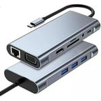 Coverzone 10 in 1 Type-C To USB Hub HDMI (4K),Audio/, Type-C/, 4X USB 3.0/, LAN/, VGA/, SD Card Reader Çevirici Hub 10 Port Adaptör Dönüştürücü Çoklayıcı