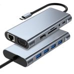 Coverzone 11 in 1 Type-C To USB Hub HDMI (4K),Audio/ , Type-C/, 4X USB 3.0/, LAN/, VGA/, SD Card Reader Çevirici Hub 10 Port Adaptör Dönüştürücü Çoklayıcı