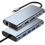 Coverzone 11 In 1 Type-C To USB Hub Port Adaptör Hdmı, 4x Usb, Lan, VGA Sd Card Çevirici Çoklayıcı - Gri