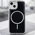 Coverzone İPhone 13 İle Uyumlu Yüksek Kalite Özel Tasarım Parlak Elmas İşlemeli Kamera Lens Koruma Çıkıntılı Magsafe Kablosuz Şarj İle Uyumlu Animasyonlu Şeffaf Siyah Telefon Kılıfı Cak-1