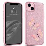 Coverzone İPhone 13/14 İle Uyumlu Simli Kelebek Tasarımlı Sert Silikon Özel Üretim Yüksek Kalite Telefon Kılıfı ÖK-1 Pembe