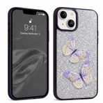 Coverzone İPhone 14 Plus / 15 Plus İle Uyumlu Simli Kelebek Tasarımlı Sert Silikon Özel Üretim Yüksek Kalite Telefon Kılıfı ÖK-1 Derin Mor