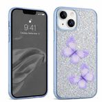Coverzone İPhone 14 Plus / 15 Plus İle Uyumlu Simli Kelebek Tasarımlı Sert Silikon Özel Üretim Yüksek Kalite Telefon Kılıfı ÖK-1 Mavi