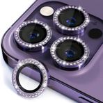 Coverzone İPhone 14 Pro / 14 Pro Max İle Uyumlu Yüksek Kalite Parlak Elmas Desenli Taşlı Derin Mor Özel Tasarım Kamera Lens Koruyucu İDB-91