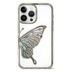 Coverzone iPhone 15 Pro ile Uyumlu 3D Kelebekli Sıvılı Simli Şeffaf Gümüş Çerceve LunaFlow Telefon Kılıfı Kamera Lens Korumalı Lüks Parlak Koruyucu Kapak