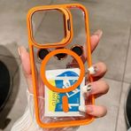 Coverzone iPhone 15 Pro ile uyumlu Kamera Lens Hediyeli Aparatlı Stand Olabilen Magsafe ile uyumlu Adventure Kamera Korumalı Kılıf Şeffaf Full Color Magnetic Wireless Telefon Kılıf Turuncu
