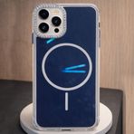 Coverzone İPhone 15 Pro Max İle Uyumlu Yüksek Kalite Özel Tasarım Parlak Elmas İşlemeli Kamera Lens Koruma Çıkıntılı Magsafe Kablosuz Şarj İle Uyumlu Animasyonlu Şeffaf Lacivert Telefon Kılıfı Cak-1