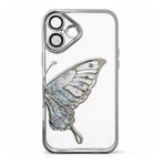 Coverzone iPhone 16 ile Uyumlu 3D Kelebekli Sıvılı Simli Şeffaf Gümüş Çerceve LunaFlow Telefon Kılıfı Kamera Lens Korumalı Lüks Parlak Koruyucu Kapak