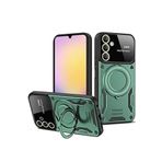 Coverzone Samsung Galaxy A55 5G ile uyumlu Kılıf Joy Joy Stand Olabilen Lens Korumalı 360° Derece Dönen Halak Yüzük Aparatlı Kapak Koyu Yeşil