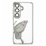 Coverzone Samsung Galaxy S24 ile Uyumlu 3D Kelebekli Sıvılı Simli Şeffaf Gümüş Çerceve LunaFlow Telefon Kılıfı Kamera Lens Korumalı Lüks Parlak Koruyucu Kapak