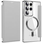 Coverzone Samsung Galaxy S24 Plus ile uyumlu Flip Cover MagSafe ile uyumlu Kamera Lens Korumalı Kartlıklı Cüzdan Dikişli VİNLEKS Deri Kılıf Grey