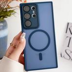 Coverzone Samsung Galaxy S25 Plus ile uyumlu Kılıf Magnetic Wireless MagSafe ile uyumlu Full Color Kamera Lens Korumalı Buzlu Transparan Kapak Koyu Mavi