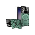 Coverzone Samsung Galaxy S25 Ultra ile uyumlu Kılıf Joy Joy Stand Olabilen Lens Korumalı 360° Derece Dönen Halak Yüzük Aparatlı Kapak Koyu Yeşil