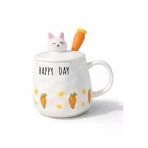 Coverzone Sevimli Happyday Havuç Kapaklı Seramik Mug 300Ml Kahve Kupası Kaşıklı Tasarım | Happyday Havuç