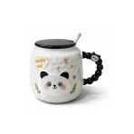 Coverzone Sevimli Happyday Panda Figürlü Kapaklı Seramik Mug 300Ml Kahve Kupası Kaşıklı | Happyday Panda