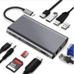 Coverzone Type-C To HDMI Adaptör 11 In 1 Dört USB 3.0 Bağlantı Noktası 4K HDMI VGA Type C PD USB3.0 RJ45 Ethernet SD TF Kart Okuyucu 3.5mm AUX MacBook Pro Air Uyumlu