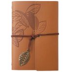 Coverzone Vintage Yaprak Motifli PU Deri Defter – 80 Sayfa Çizgisiz Günlük, 18,5x12,5 cm, Yaprak Şeklinde Metal Kapatmalı Retro Ajanda & Not Defteri, Seyahat Defteri, Travel Journal, Kahverengi