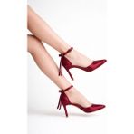 Craft Moda Kadın Saten Ince Topuklu Fiyonklu Bilekten Bağlamalı Sivri Burun Stiletto Ayakkabı - Bordo