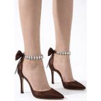Craft Moda Kadın Stiletto Taşlı Bilekli Fiyonklu Topuklu Ayakkabı 8 cm - Kahverengi