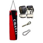 Crazy Büyük Boy Dolu Boks Kum Torbası 120cm x 35cm + Boks Eldiven Seti + Askı Aparatı - Kırmızı - Siyah