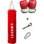 Crazy Büyük Boy Dolu Boks Kum Torbası 120cm x 35cm + Boks Eldiven Seti + Askı Aparatı - Kırmızı