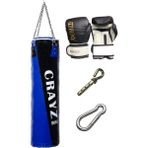 Crazy Büyük Boy Dolu Boks Kum Torbası 120cm x 35cm + Boks Eldiven Seti + Askı Aparatı - Mavi - Siyah