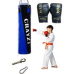Crazy Çocuk Dolu Boks Kum Torbası 70cm x 25cm + Çocuk Boks Eldiven Seti + Askı Aparat - Mavi - Siyah