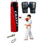 Crazy Çocuk Dolu Boks Kum Torbası 70cm x 25cm + Çocuk Boks Eldiven Seti + Askı Aparatı - Kırmızı - Siyah