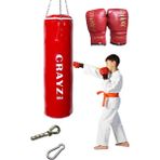 Crazy Çocuk Dolu Boks Kum Torbası 70cm x 25cm + Çocuk Boks Eldiven Seti + Askı Aparatı - Kırmızı