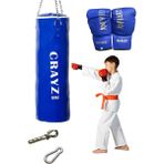 Crazy Çocuk Dolu Boks Kum Torbası 70cm x 25cm + Çocuk Boks Eldiven Seti + Askı Aparatı - Mavi